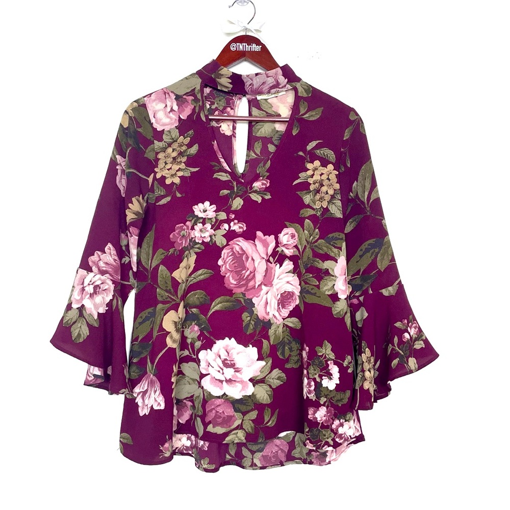 Andree by Unit Womens Allover Floral Tunic Blouse Sz Small Bell Sleeves Burgundy - Picture 8 of 8